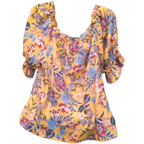 Colorful Yellow Floral Pattern Off or On the Shoulder Large Blouse - Picture 1 of 4